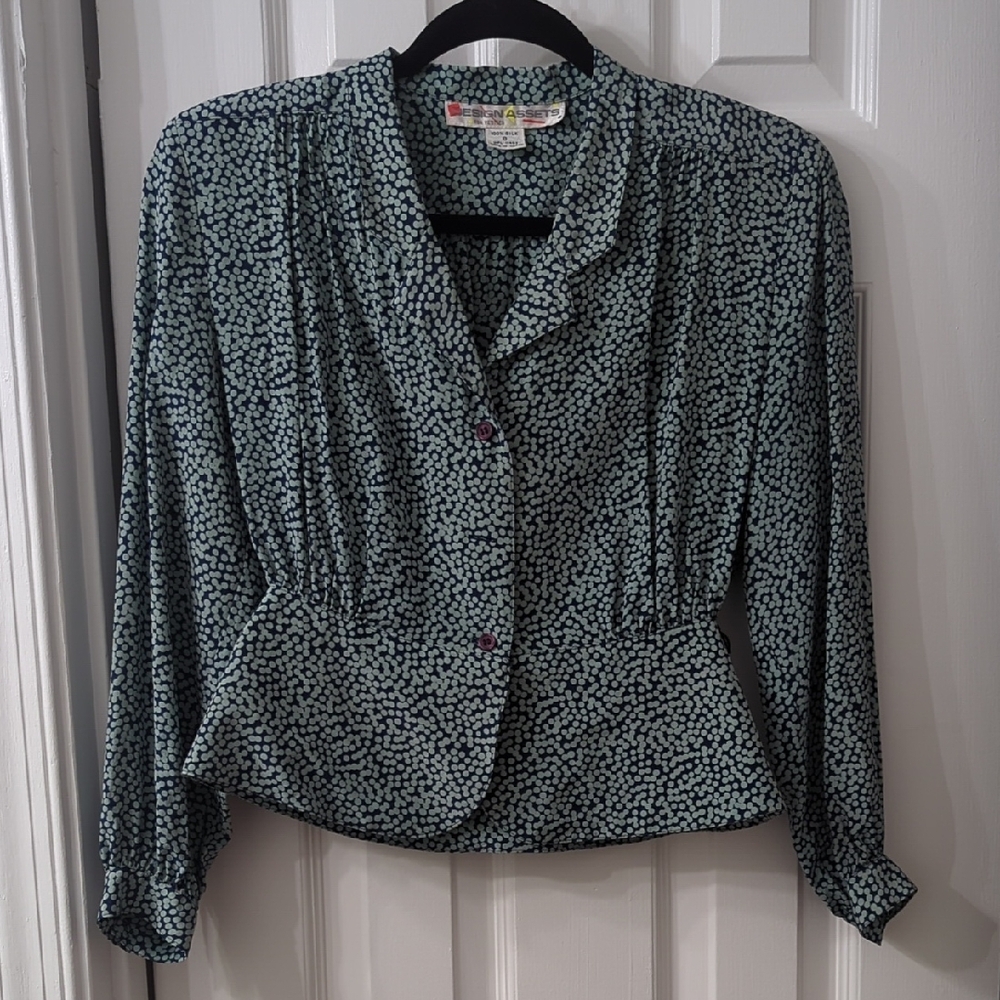 Navy Blue With Light Boue Dots Silk Vintage Blouse
